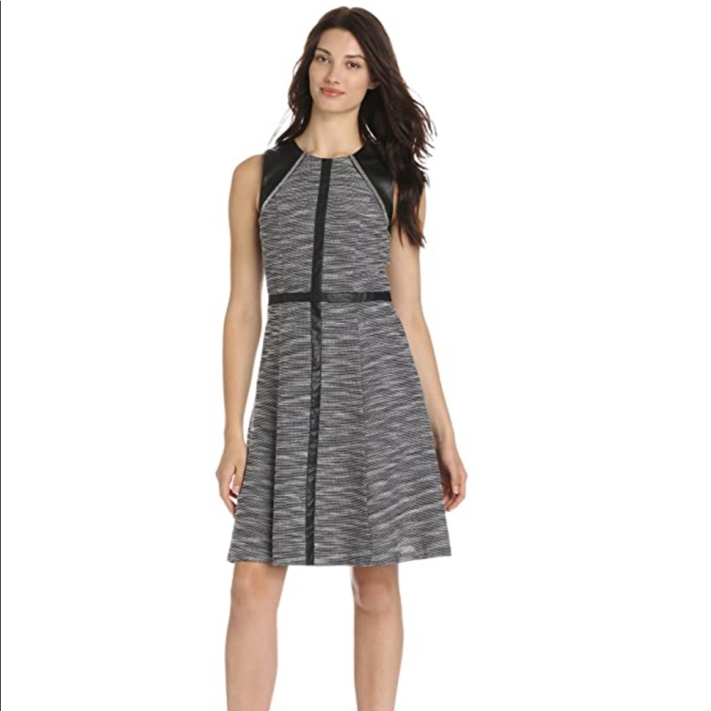 Calvin Klein Tweed Faux Leather Fit Flare Dress size 6
